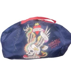 Ed Hardy large duffel bag in navy with red strap skull design P9